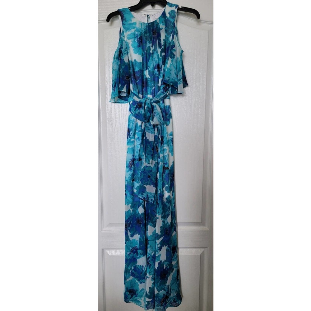 Calvin Klein Floral Teal Cold Shoulder Belted Chiffon Maxi Long Dress siz 4